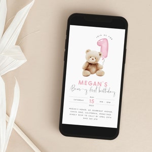 Bear 1st Birthday Evite Editable Template Beary First Birthday Digital Invitation Pink Teddy Bear Birthday Balloon for Girls Text Invite PB1
