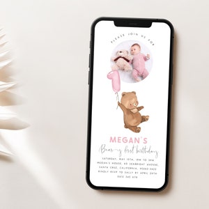Bear 1st Birthday Evite Editable Template Beary First Birthday Digital Invite with Photo Pink Teddy Bear Birthday for Girls Text Invite, PB4
