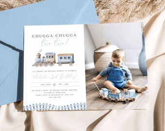 Chugga Chugga Two Two Birthday Invitation with Photo Template Train Birthday Invitation 2nd Birthday Party Train Invite Choo Blue Boys TR2