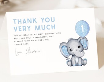 Biglietto di ringraziamento con elefante, bomboniere per baby shower con fiori blu, bomboniere per il primo compleanno di Wild One Elephant MODELLO EDITABILE, download istantaneo, EL8 - Italia