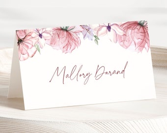 Blush Pink Brautparty Tischkarten Vorlage. Rosa Blumen Brautdusche bearbeitbare Tischkarte Aquarell Rosa gefaltete Namenskarte Wildblume PF2