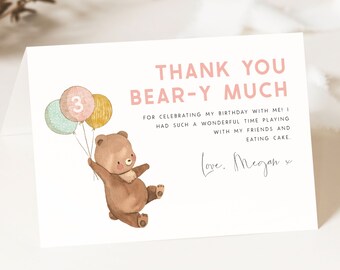 Bear Birthday Thank You Card. Editable Beary 3rd Birthday Thank You Card Tent Pink Teddy Bear Birthday for Girls Favor Gift Tag Any Age PB6