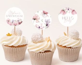 Blush Pink Baby Shower Cupcake Toppers Girl. Pink Floral Baby Shower Cupcake Topper Template Pink Baby Girl Editable Cupcake Toppers, PF1