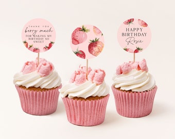 Strawberry Cupcake Toppers Template. Berry First Birthday Girl Berry Cupcake Toppers Printable Strawberry Birthday Editable Favor Tags B8