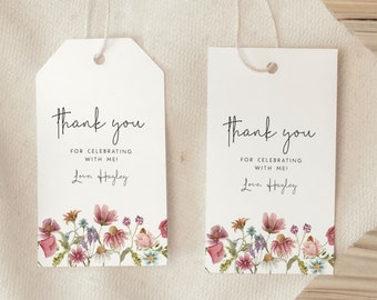 Wildflower First Birthday Thank You Tag Template, Wildflower Thank You Gift Tag Floral Wildflower Birthday for Girls Printable Favor Tag, W1
