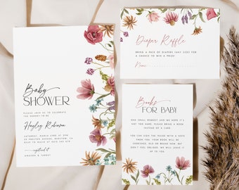 May include: A baby shower invitation with a floral design. The invitation is for Hayley Robinson and includes the date, time, and location of the shower. It also includes a request for guests to bring a book instead of a card.