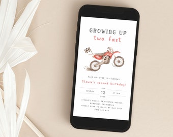Plantilla de invitación digital de dos motos de cross rápidas para cumpleaños. Invitación de cumpleaños con texto editable de motos de cross. Motocross para niños D2