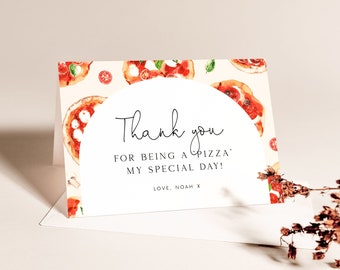 Pizza Party Thank You Card Editable Template Pizza Party Birthday Thank You Card Kids Pizza Birthday Party Folded Tent Card Gift Tag DIY, Z2