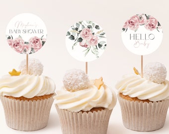 Blush Pink Baby Shower Cupcake Toppers Girl. Pink Floral Baby Shower Cupcake Topper Template Pink Baby Girl Editable Cupcake Toppers, PF3