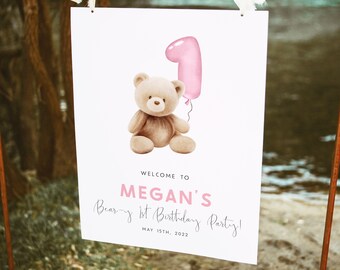 Beer 1e verjaardag welkomstbord bewerkbare sjabloon Beary eerste verjaardag meisje welkomstposter roze teddybeer verjaardag bord welkomstbord, PB1