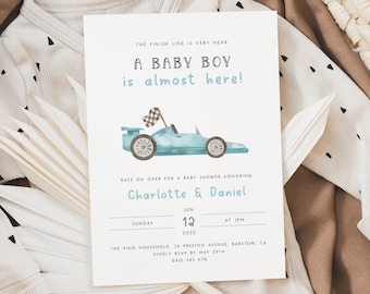 Baby Boy ist fast hier Babypartyeinladung Vorlage. Vintage Rennwagen-Babyparty-Einladen Bearbeitbarer Rennwagen Einladen Kleiner Rennfahrer-Junge - R8