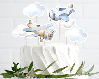 May include: A white cake decorated with blue and brown airplane cake toppers and blue and white cloud cake toppers. The cake is on a white cake stand and is surrounded by green leaves.