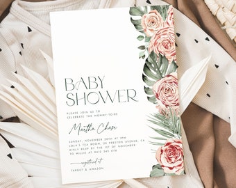 Tropical Baby Shower Invitation Template. Tropical Greenery Baby Shower Invite Editable Invitation Floral Neutral Baby Shower Boho Palm, TF1