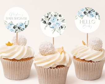 Blue Baby Shower Cupcake Toppers Boy. Boho Blue Floral Baby Shower Cupcake Topper Template Blue Baby Boy Editable Cupcake Toppers Party BF3