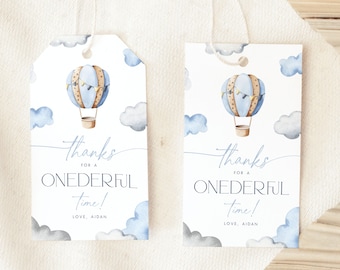 Onederful First Birthday Thank You Tag Template, Onederful 1st Birthday Favor Tags Template Hot Air Balloon Printable Gift Tag for Boys ON1