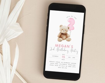 Bear 2nd Birthday Evite. Editable Beary Second Birthday Digital Invitation Pink Teddy Bear Birthday Girl Balloons for Girls Text Invite PB2
