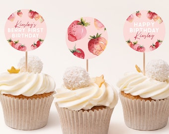 Strawberry Cupcake Toppers Template. Berry First Birthday Girl Berry Cupcake Toppers Printable Strawberry Birthday Editable Cake Topper B4