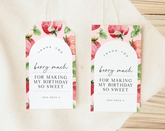 May include: Two pink and white thank you tags with a watercolor strawberry pattern. The text reads "Thank you berry much for making my birthday so sweet. Love Rosie X."