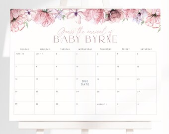 Calendário de data de parto para bebês rosa blush, placa de data de parto para chá de bebê floral rosa, placa editável para data de nascimento do bebê, adivinha a data de chegada, previsão do bebê PF1