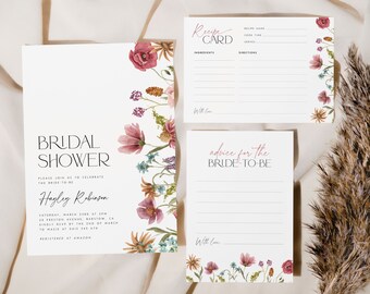 Wildflower Bridal Shower Invitation Suite Template. Wildflower Invitation Suite Recipe Card Advice for Bride Editable Shower Template Set W3