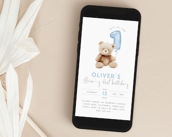 May include: A blue and white digital invitation for a first birthday party. The invitation features a teddy bear holding a blue balloon shaped like the number one. The text on the invitation reads "Join us for Oliver's Bear-y 1st Birthday. Saturday, May 15, 2023, 1 PM - 3 PM. Oliver's House, 40 Seabright Avenue, Santa Cruz, California, 95042-3422. Kindly RSVP to Sally by April 29th, 0412 345 678."