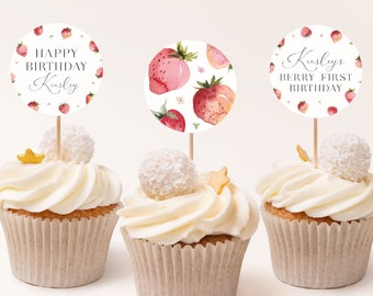 Strawberry Cupcake Toppers Template. Berry First Birthday Girl Berry Cupcake Toppers Printable Strawberry Birthday Editable Cake Topper B3