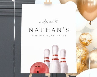 May include: White sign with black text that reads "Welcome to Nathan's 8th Birthday Party". The sign has a watercolor illustration of a bowling ball and three bowling pins.