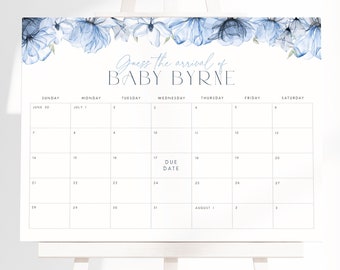 Dusty Blue Baby Due Date Calendar Blue Floral Baby Shower Due Date Sign Editable Baby Birth Date Sign Guess Arrival Date Baby Prediction BF1