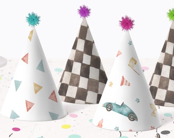 May include: Four party hats with different designs. One hat has a checkered pattern, one has a racing car design, one has a geometric pattern, and one has a star and flag design.