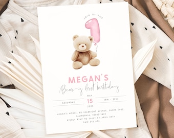 Bear 1st Birthday Invitation Template Editable Beary First Birthday Invite Pink Teddy Bear Birthday Balloons for Girls 1st Birthday Girl PB1