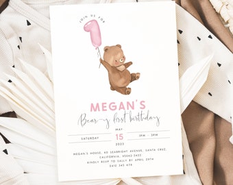Bear 1st Birthday Invitation Template Editable Beary First Birthday Invite Pink Teddy Bear Birthday Balloons for Girls 1st Birthday Girl PB4