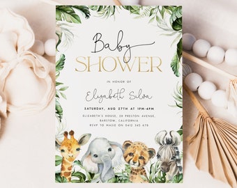 Plantilla de invitación para baby shower con temática de safari. Invitación editable para baby shower con temática de la jungla. Invitación con animales salvajes. Invitación de safari para bebé niño. J6