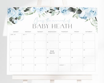 Dusty Blue Baby Due Date Calendar Blue Floral Baby Shower Due Date Sign Editable Baby Birth Date Sign Guess Arrival Date Baby Prediction BF3