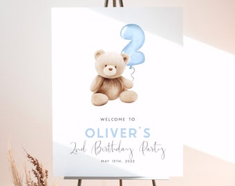 Bear 2nd Birthday Welcome Sign Editable Template Beary Second Birthday Boy Welcome Poster Blue Teddy Bear Birthday Sign Welcome Board, BB2