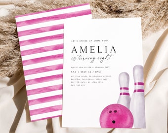 May include: A white invitation with pink stripes on the left side. The invitation is for Amelia's 8th birthday party. The text reads "Let's strike up some fun! Amelia is turning eight. Please join us for a bowling party. Sat/May 13/1pm. All-Star Lanes, 28 Bowling Avenue, Barstow, California, 95062-3422. RSVP to Kathy by April 10th. 0412 245 678". The right side of the invitation features a pink bowling ball and two white bowling pins with pink stripes.