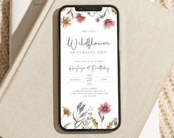 Wildflower 1st Birthday Evite Template, Wildflower Digital Invite Floral First Birthday Girl Wildflower Evite Text Flower Invite Template W1