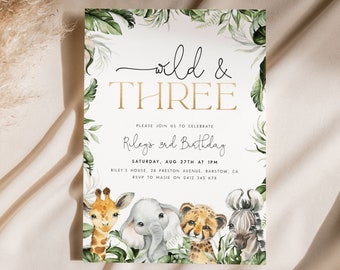 Young, Wild & Three Birthday Invitation Template. Editable Jungle Third Birthday Invite Party Animals Safari Wild Three Invitation Boys - J3