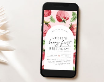 Berry First Birthday Evite Template Strawberry Digital Invitation Strawberry Birthday Girl Editable Berry Evite for Girls Text Invitation B8