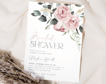 May include: A white bridal shower invitation with pink watercolor flowers and greenery. The text reads "Bridal Shower" and "Please join us to celebrate the bride-to-be Meghan Heath". The invitation includes the date, time, location, RSVP information, and registry details.