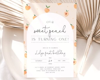 Sweet as a Peach 1st Birthday Invitation Template Sweet Peach Invitation Peach Birthday Girl Editable Peach Invite with Picture for Girls P1