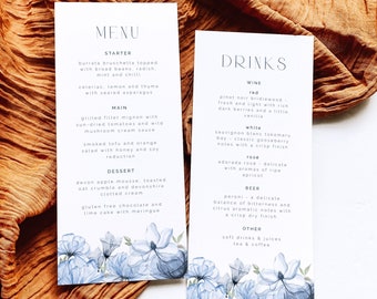 Puede incluir: Un menú de dos páginas con un diseño floral. La página izquierda enumera los elementos del menú para un entrante, un plato principal y un postre. La página derecha enumera el menú de bebidas, que incluye vino, cerveza y otras bebidas. El menú está impreso en papel blanco con un diseño floral azul claro.