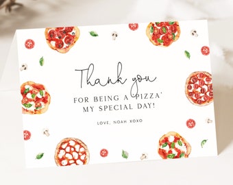 Pizzafeest bedankkaart bewerkbare sjabloon Pizzafeest verjaardagsbedankkaart Kinderen Pizza verjaardagsfeestje gevouwen tentkaart Cadeaukaartje DIY, Z1