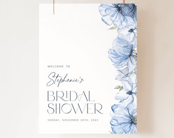 Stoffig blauw welkomstbord voor vrijgezellenfeesten. Blauwe bloemen vrijgezellenfeest bord bewerkbaar welkomstbord aquarel welkomstposter Wildflower bruids BF2