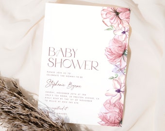 Może przedstawiać: Zaproszenie na baby shower ze słowami "BABY SHOWER" w kolorze bordowym. Zaproszenie zawiera akcenty kwiatowe w akwareli w odcieniach różu i fioletu. Tekst zawiera imię "Stephanie Byrne" i szczegóły wydarzenia.