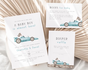 Race Car Baby Shower Invitation Suite Template. Blue Race Car Invite Set Boy Baby Shower Invite Diaper Raffle Books for Baby Little Racer R8