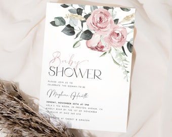 Pink Baby Shower Invitation Template. Pink Floral Baby Shower Invite Editable Invitation Watercolor Blue Girl Baby Shower Boho Flowers, PF3