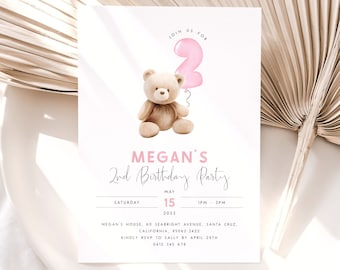 Bear 2nd Birthday Invitation Template. Editable Beary Second Birthday Invite Pink Teddy Bear Birthday Balloons for Girls Birthday Girl, PB2