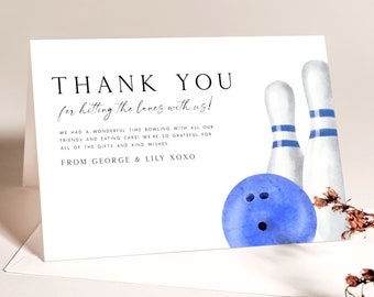 Joint Bowling Thank You Card, Editable Template Bowling Party Birthday Thank You Card Bowling Birthday Party Folded Tent Card Gift Tag BW3