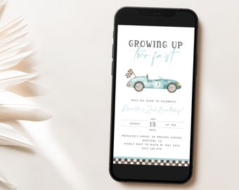 Growing Up Two Fast 2nd Birthday Evite Template Vintage Race Car Second Birthday Digital Invitation Editable Race Car Text Invite Boy BC2 R7
