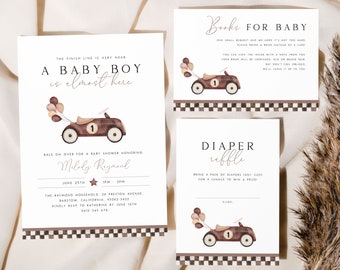 Race Car Baby Shower Invitation Suite Template. Neutral Race Car Invite Set Boy Baby Shower Invite Diaper Raffle Books for Baby Racer R9